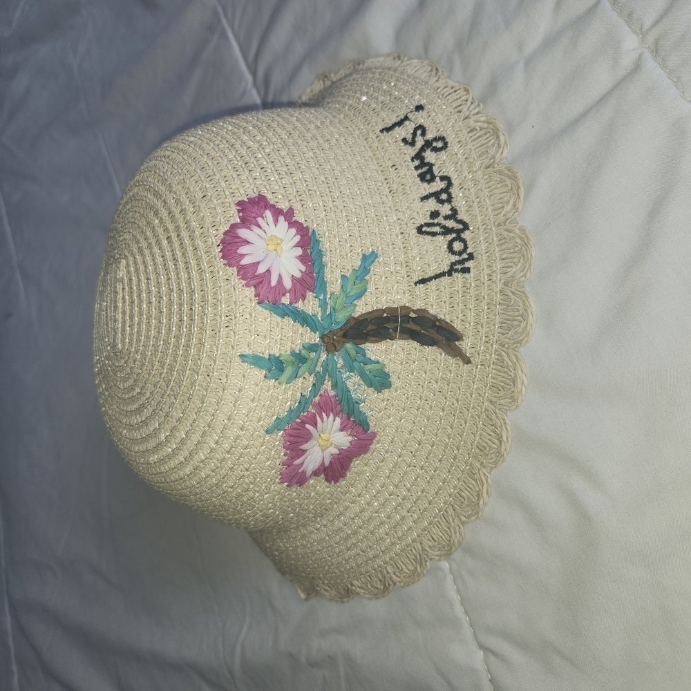 H&M Tan and Pink Floral Embroidered Hat